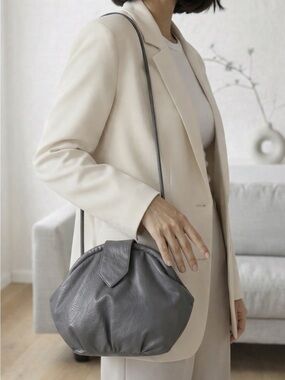 Gray Genuine Leather Slouchy Round Pillow Shoulder Bag Vintage Boho Pouch